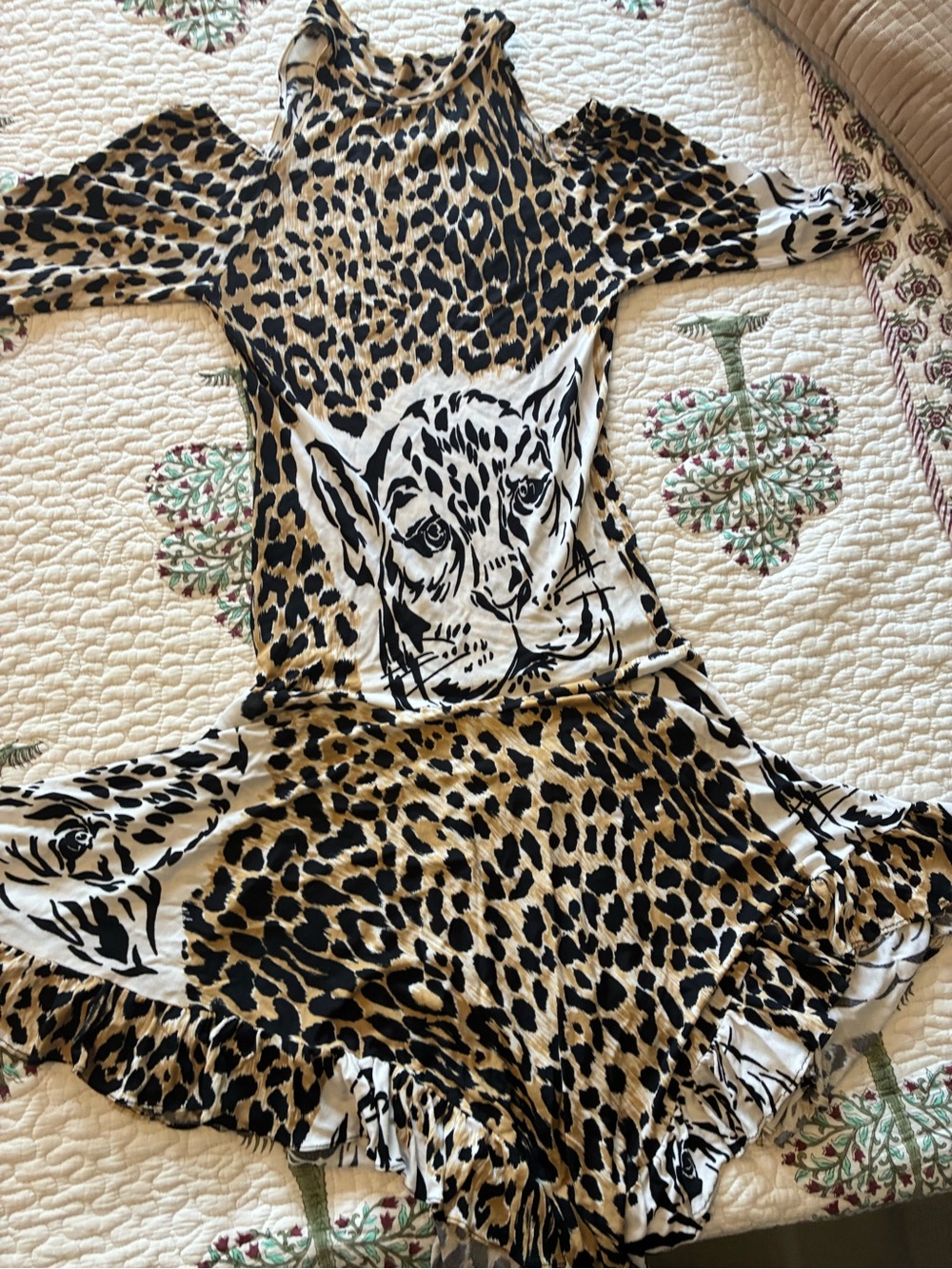 Leopard Print Animal Face Ruffled Dress - Black & Tan